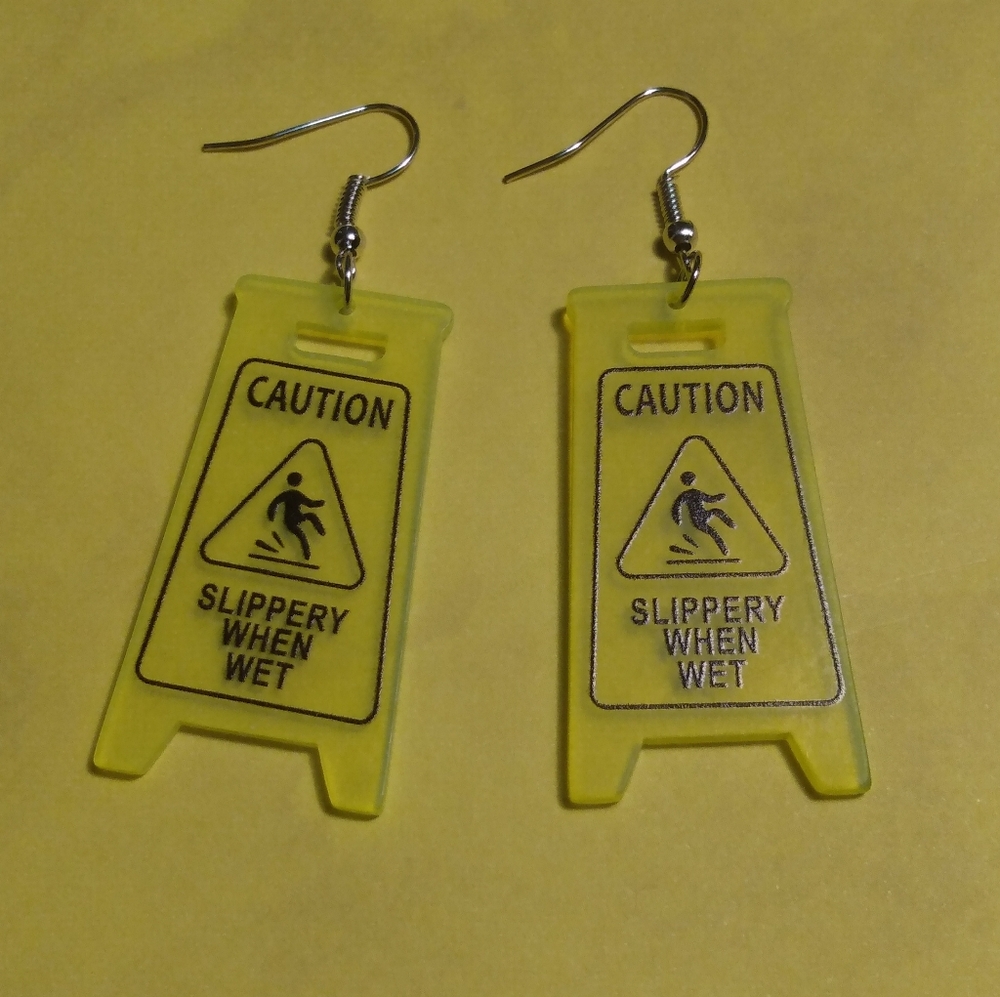 Caution Sign Earrings "Slippery When Wet"